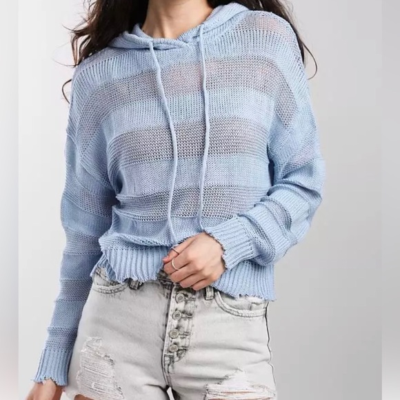 BKE Buckle | Ribbed Open Weave Hooded Sweater | Kentucky Blue - Picture 2 of 8